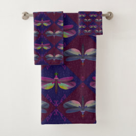 Conjunto De Toalhas Dragonfly on Dark Red & Purple with Dashes