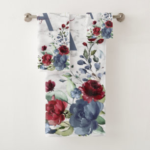 Conjunto De Toalhas Dusty Blue Burgundy Nome de mármore floral Monogra