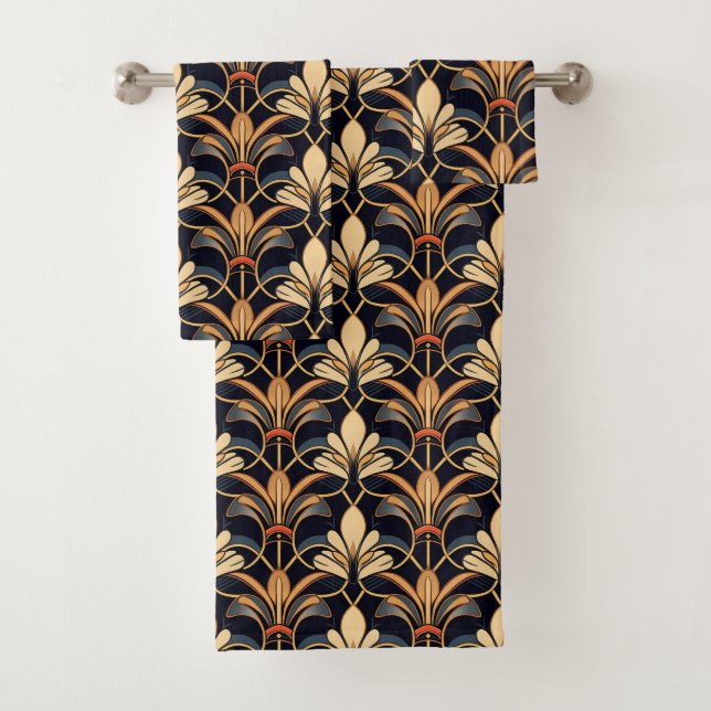 Conjunto De Toalhas Dusty Blue e Orange Art Deco (Insitu)