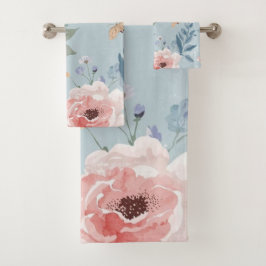 Conjunto De Toalhas Dusty Blue Floral Watercolor Garden Pink Blooms