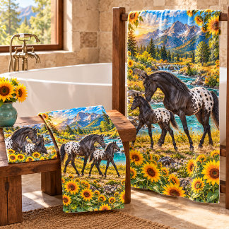 Conjunto De Toalhas Égua Appaloosa Preta & Potro Girassol