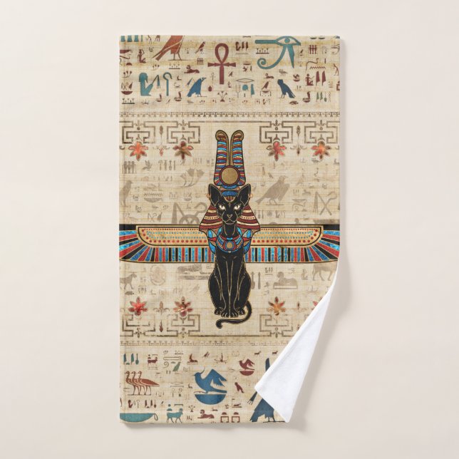Conjunto De Toalhas Egyptian Cat - Bastet on papyrus (Toalha de mão)