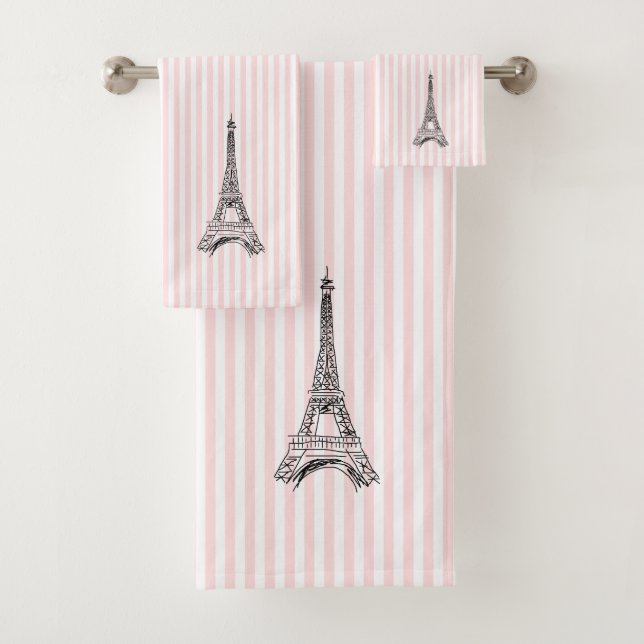 Conjunto De Toalhas Eiffel Tower Pink Stripe Bath Towel Set (Insitu)