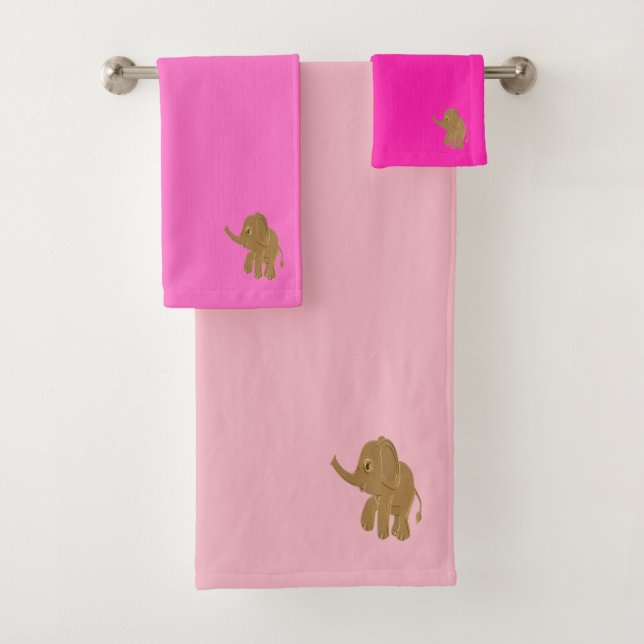Conjunto De Toalhas Elefante bebê Dourado olhando para o céu (rosa) (Insitu)