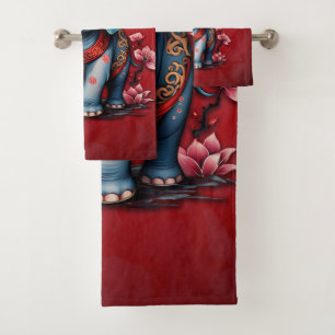 Conjunto De Toalhas Elefante majestoso no estilo tradicional japonês.