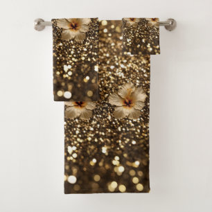 Conjunto De Toalhas Elegância do ouro: Dourado Shimmer Hibiscus