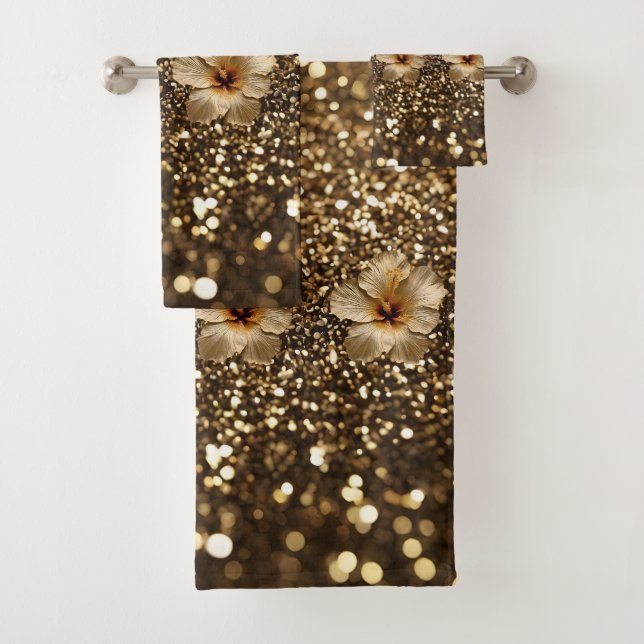 Conjunto De Toalhas Elegância do ouro: Dourado Shimmer Hibiscus (Insitu)
