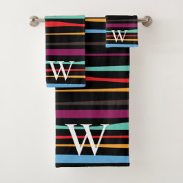 Conjunto De Toalhas Elegant black purple and yellow stripes monogram