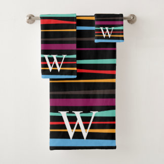 Conjunto De Toalhas Elegant black purple and yellow stripes monogram