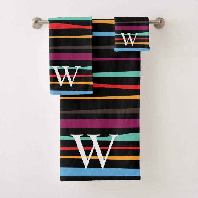 Conjunto De Toalhas Elegant black purple and yellow stripes monogram (Insitu)