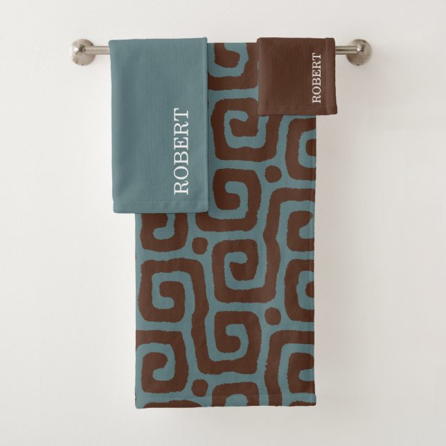 Conjunto De Toalhas Elegant Blue &Brown Abstract Pattern Monogram (Insitu)