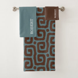 Conjunto De Toalhas Elegant Blue &Brown Abstract Pattern Monogram name