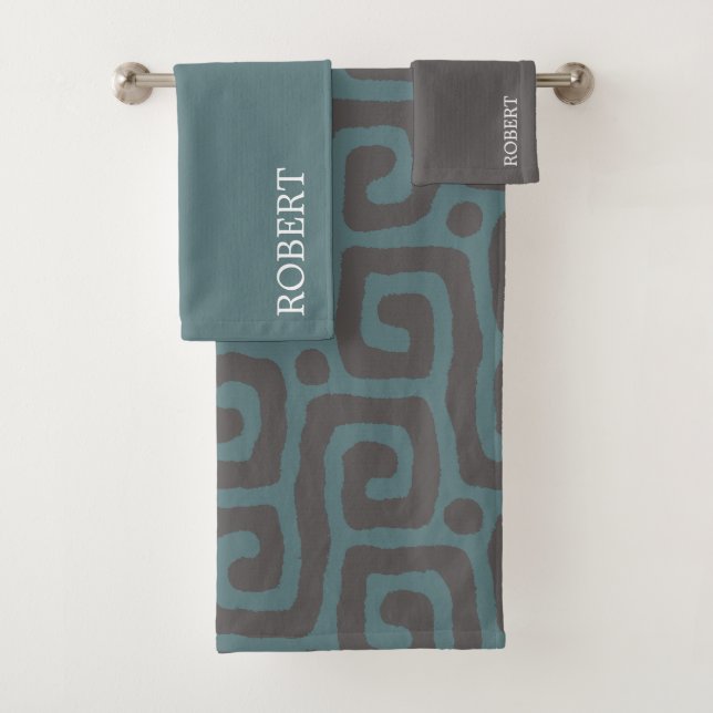 Conjunto De Toalhas Elegant Blue &Gray Abstract Pattern Custom Name  (Insitu)