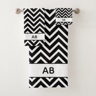 Conjunto De Toalhas Elegant Chevron Pattern on Black White Monogrammed