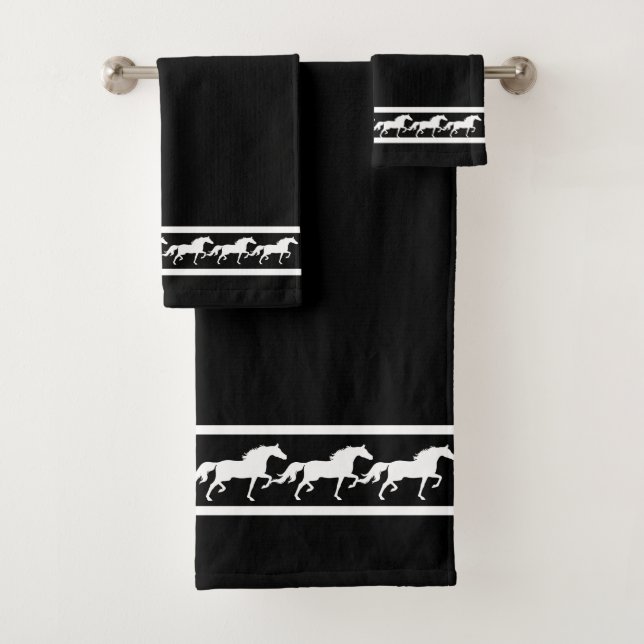Conjunto De Toalhas Elegant, Chic White Horses on Black (Insitu)