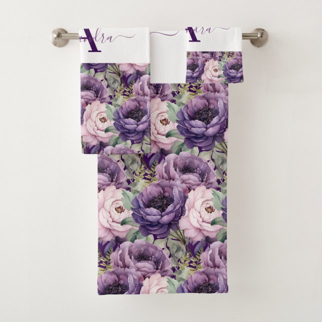 Conjunto De Toalhas Elegant Deep Purple Floral Towel Set (Insitu)