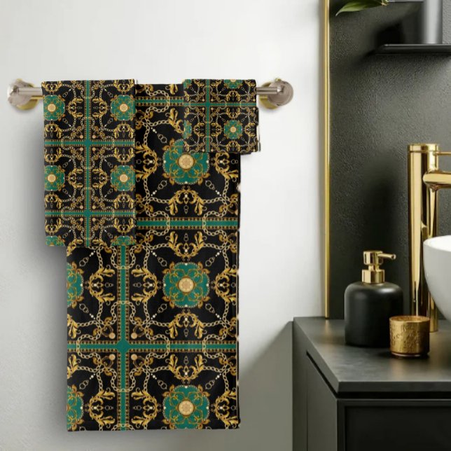 Conjunto De Toalhas Elegant Gold Chain and Baroque Luxury Green and Bl (Criador carregado)