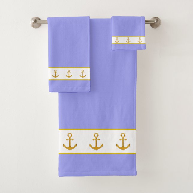 Conjunto De Toalhas Elegant, Golden Anchors on White & Light Blue (Insitu)