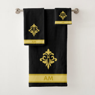Conjunto De Toalhas Elegant Golden Flower, Monogram & Stripe on Black