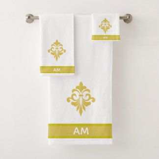 Conjunto De Toalhas Elegant Golden Flower, Monogram & Stripe on White