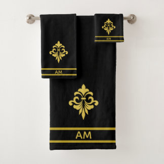 Conjunto De Toalhas Elegant Golden Flower, Monogram & Stripes on Black