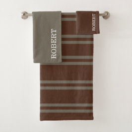 Conjunto De Toalhas Elegant Gray &Brown Strips Pattern Custom Name