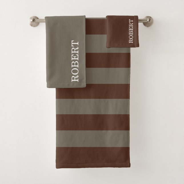 Conjunto De Toalhas Elegant Gray &Brown Strips Pattern Custom Name (Insitu)