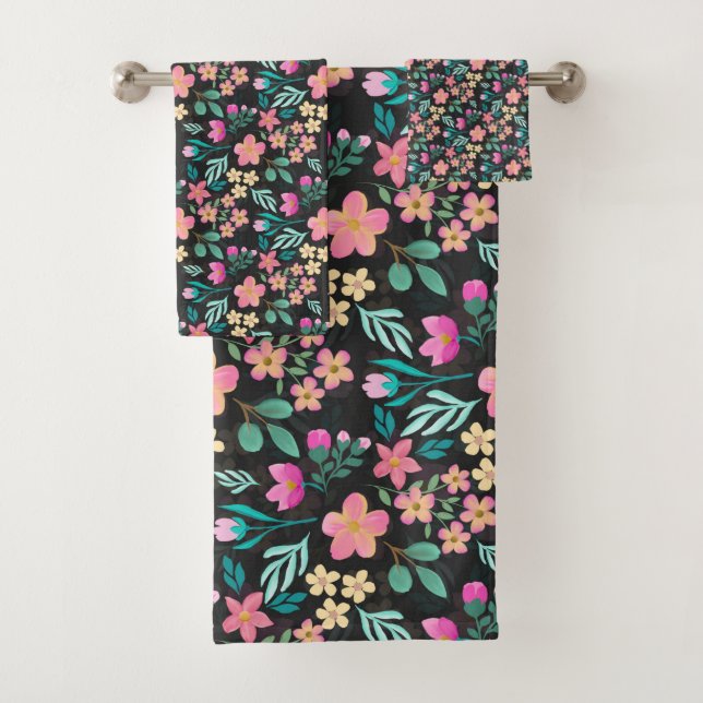 Conjunto De Toalhas Elegant Hand-Drawn Pink Floral Black Design (Insitu)