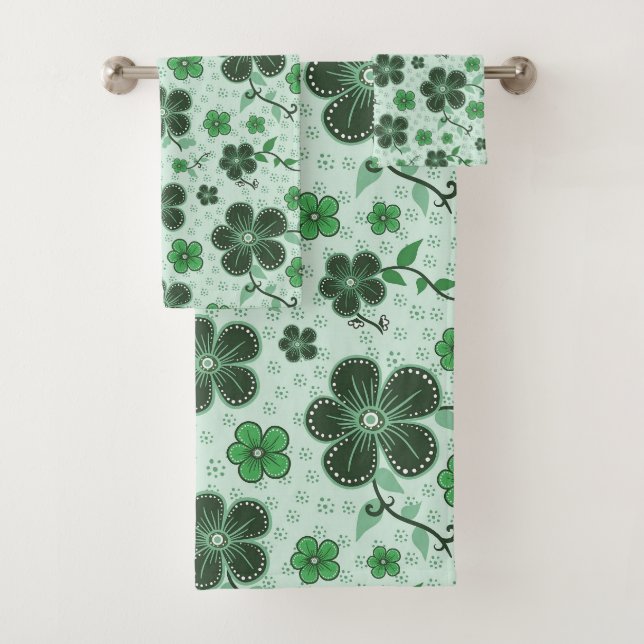 Conjunto De Toalhas Elegant, Modern Flower Pattern on Green (Insitu)