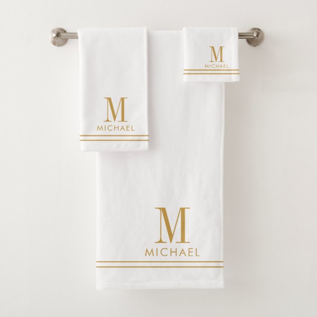 Conjunto De Toalhas Elegant Monogram Gold Script Name White (Insitu)