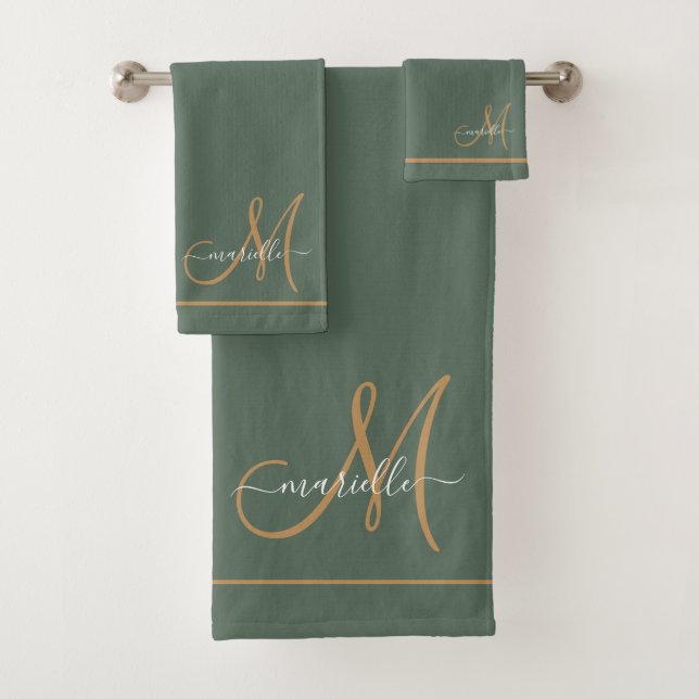 Conjunto De Toalhas Elegant Monogram Green Gold Script Name  (Insitu)