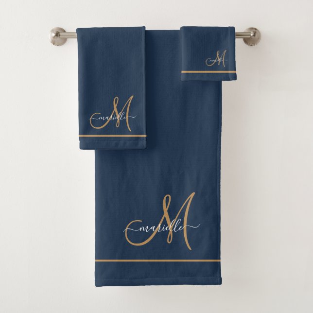 Conjunto De Toalhas Elegant Monogram Navy Gold Script Name  (Insitu)