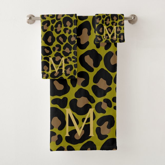 Conjunto De Toalhas Elegant Olive Green Leopard Monogram  (Insitu)