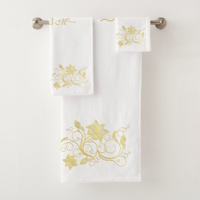 Conjunto De Toalhas Elegant & Stylish Gold Filigree Flower on White (Insitu)