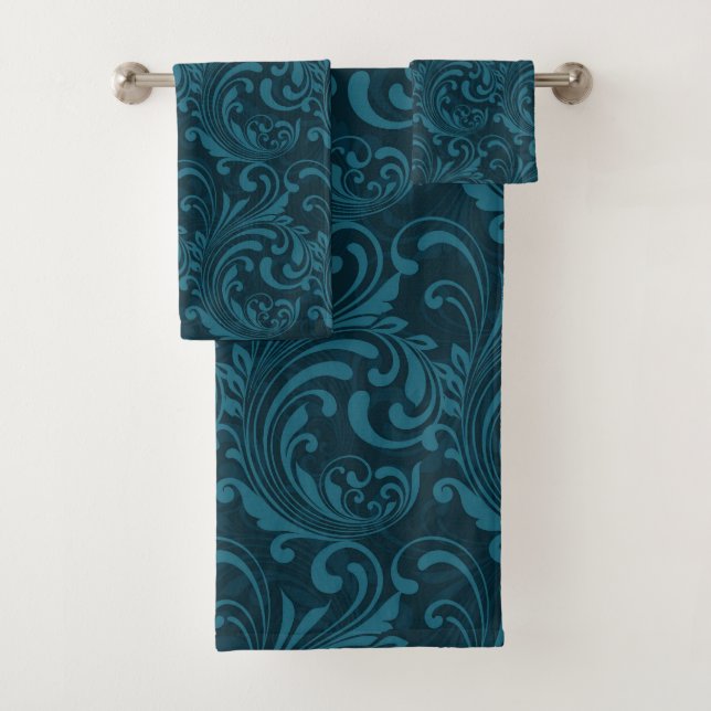 Conjunto De Toalhas Elegant Teal Blue Baroque Floral Pattern  (Insitu)