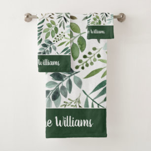 Conjunto De Toalhas Elegante Aquarela Verde Deixa Personalizado