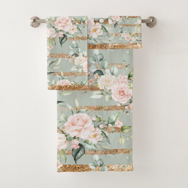 Conjunto De Toalhas Elegante Blush Eucalyptus Sage Verde Dourado (Insitu)