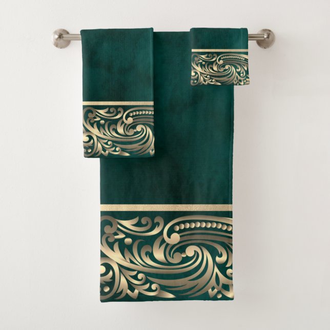 Conjunto De Toalhas Elegante Chic Dourada Swirls Green (Insitu)