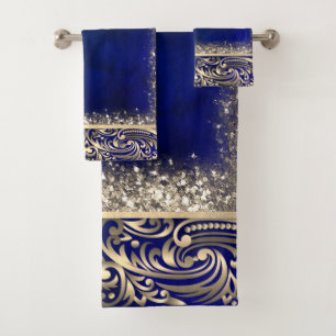 Conjunto De Toalhas Elegante Chic Goldes Redemoinhos Brilho Borda Azul