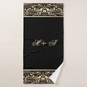 Conjunto De Toalhas Elegante Chique Chic Monograma com Espirais Dourad