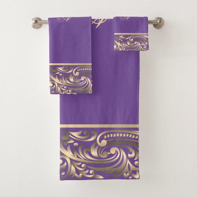 Conjunto De Toalhas Elegante Chique Chic Redemoinhos Dourados Monogram (Insitu)