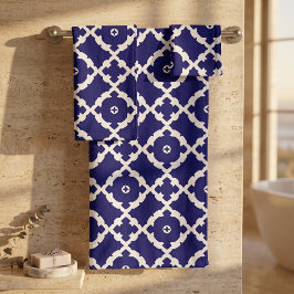 Conjunto De Toalhas Elegante Clássico Azul Marinho e Branco Padrão Mos