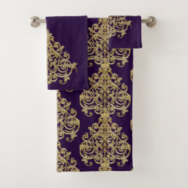 Conjunto De Toalhas Elegante Damasco Dourado Roxo Vintage
