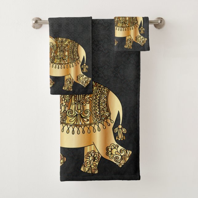 Conjunto De Toalhas Elegante Damask Dourado Paisley Elephant (Insitu)