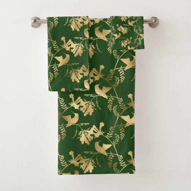 Conjunto De Toalhas Elegante Dourado Hummingbird Glam Green (Insitu)