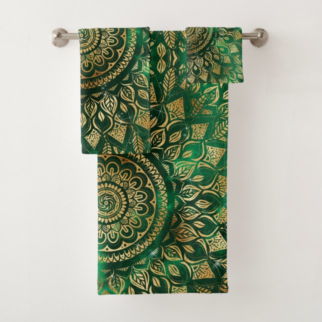 Conjunto De Toalhas Elegante Dourado Mandala Floral Verde (Insitu)