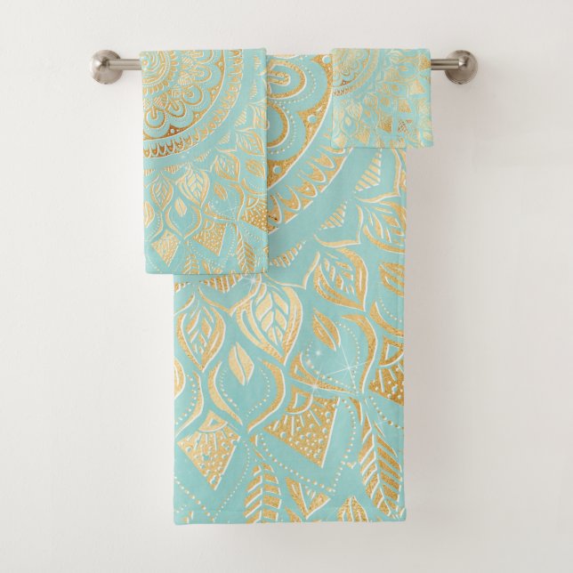 Conjunto De Toalhas Elegante Dourado Teal Mandala Floral (Insitu)