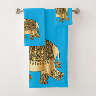 Conjunto De Toalhas Elegante Elefante Paisley Dourado Azul