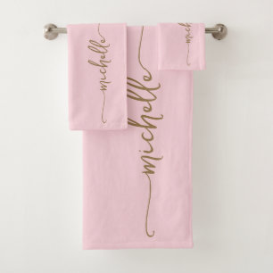 Conjunto De Toalhas Elegante Estilo Monograma Nome Rascunho Rosa Bege