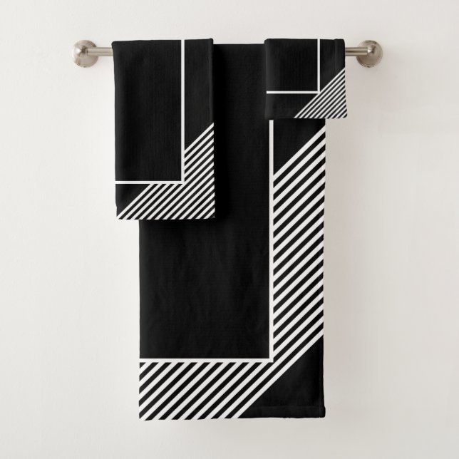 Conjunto De Toalhas Elegante Faixa Preta Geométrico Branco (Insitu)
